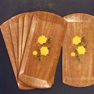 Yellow Rose Retro Hasko Serving Trays 6pc Set Flower Design, 1940s-1950s Kitchen Entertaining Trays 16x8, Mid Century image 2