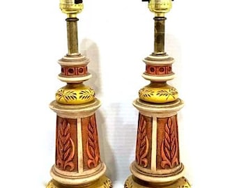 Mid Century Carved Plaster Lamps: 1960s Laurel Leaf Pattern Pair