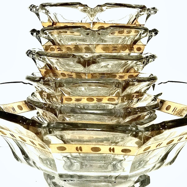 Vintage EAPG 7pc Berry Bowl Set with Etched Gold Band and Footed Base , Holiday Entertaining