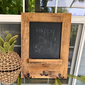 RUSTIC Reclaimed Wood Chalkboard and Hooks Wall Mount, Handmade (24x18)