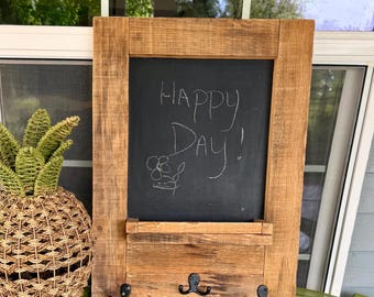 RUSTIC Reclaimed Wood Chalkboard and Hooks Wall Mount, Handmade (24x18) Farmhouse Decor