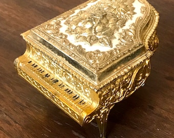 Vintage Piano Jewelry Box Gold Repousse with Red Velvet Lining, Mid Century Vanity Keepsake Box, Hollywood Regency