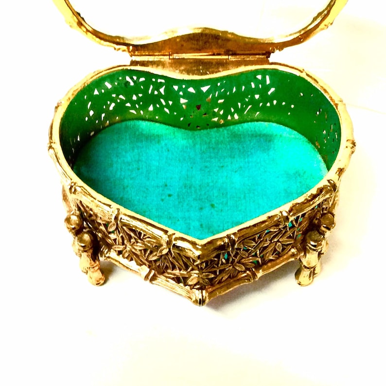 Vintage Ormolu Brass Heart Jewelry Casket with Beveled Glass Hinged Lid In an Ornate Bamboo Design Romantic Gift for Her Feminine and Solid