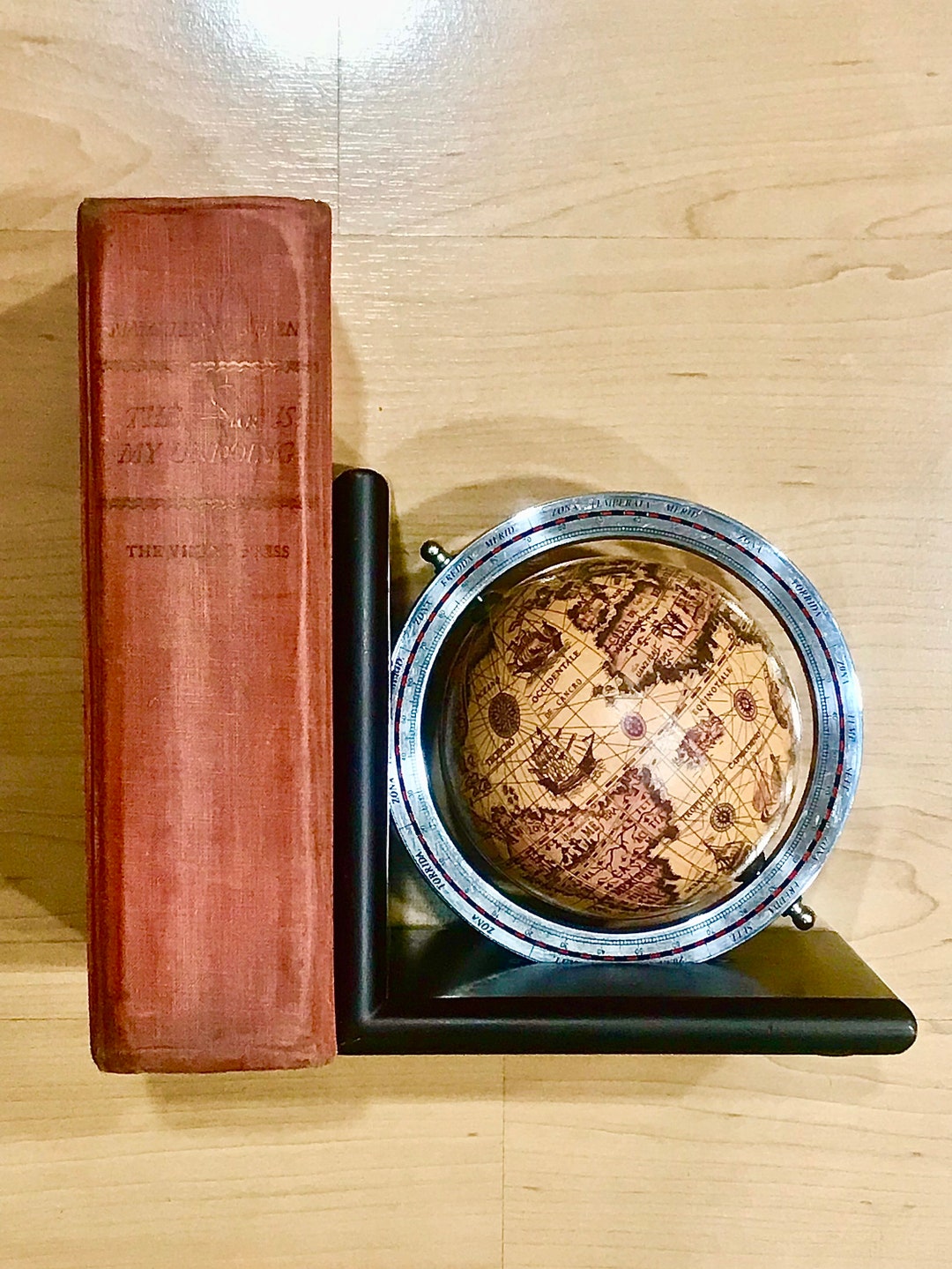 World Globe Bookend With Silver Chrome Meridian in Dark Walnut Etsy