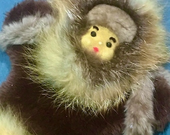 Vintage Hand Puppet Inuit Doll, Fur Trim, Suede Face