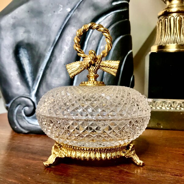 Vintage Stylebuilt Ring Trinket Bowl Dish with Gold Bow Diamond Point Glass Footed, Hollywood Regency Vanity Gift for Her