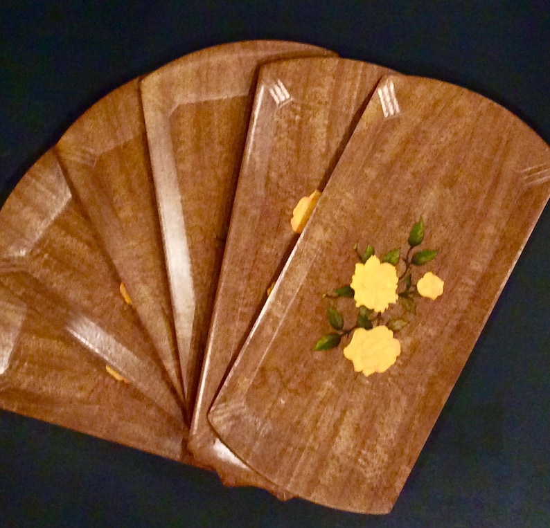 Yellow Rose Retro Hasko Serving Trays 6pc Set Flower Design, 1940s-1950s Kitchen Entertaining Trays 16x8, Mid Century image 6