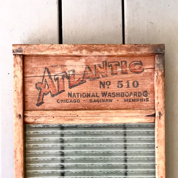 Antique Atlantic National Washboard No 510 with Textured Ribbed Glass Washboard, Dovetailed Joints; Naturally Distressed