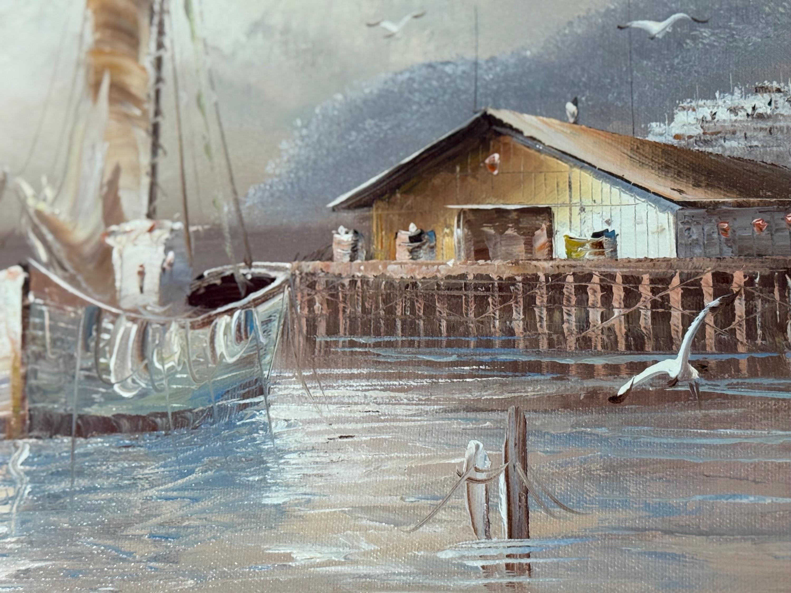 Original Art Harbor Oil Painting Signed MORGAN Oceanic Scene