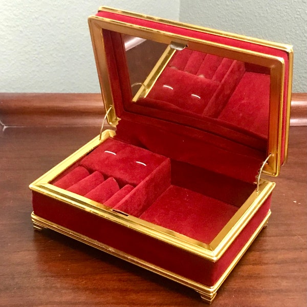 Vintage Music Jewelry Box Red Velvet with Brass Accent Trim by Moonbeam InternationaI Inc, Plays Speak Softly Love - Taiwan