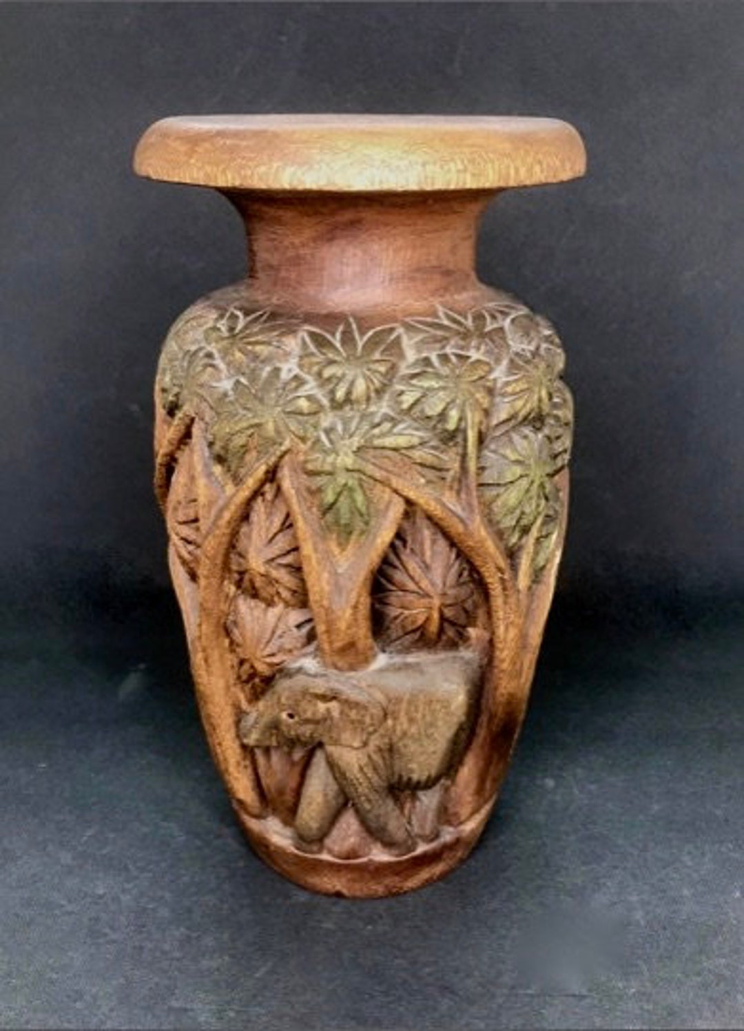 Vintage Deeply Carved Wood Vase Elephants Palms Jungle, Eclectic Ethnic Decor Etsy
