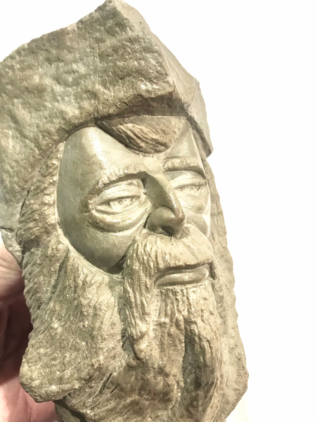 R Schroder Sculpture Old Man Stone Carving Statue on Solid Wood Block
