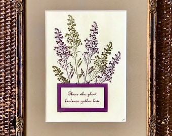 Antique 9x11 Carved Wood Frame w Hand Painted Lavender Bouquet Art "Those Who Plant Kindness Gather Love", Sage/Purple, Gift-able