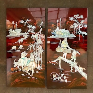 Vintage Asian Red Lacquer Panels: Mother of Pearl Inlay, 1950s Art (Set of 2)
