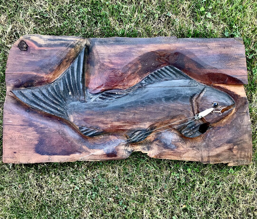 Rustic Log Fish Carving 25x14” Naturally Aged, Hand Carved Wood Wall ...