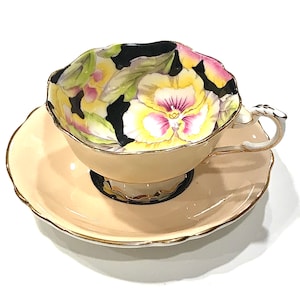 Vintage Paragon Fine Bone China Cup and Saucer: Yellow Pansies, Black & Peach, Numbered