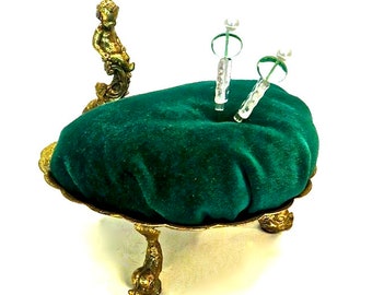 Brass Putti and Dolphin Clam Shell Ring Dish Upcycled Pincushion in Emerald Green Velvet by Practical Elegance, Sewing Tool