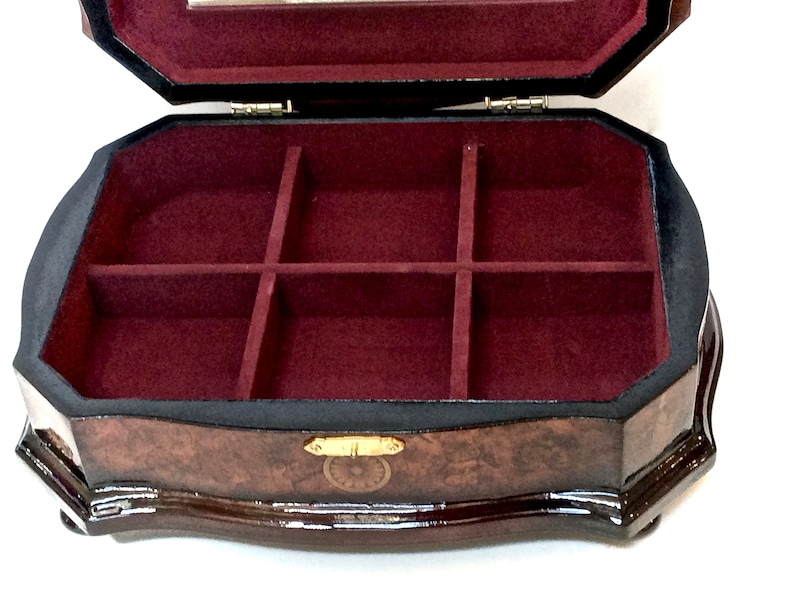 Gift for Her Florentine Jewelry Box Assorted Tea Chest Organizer Vintage Italian Burlwood Jewelry Box with Mirrored Lid