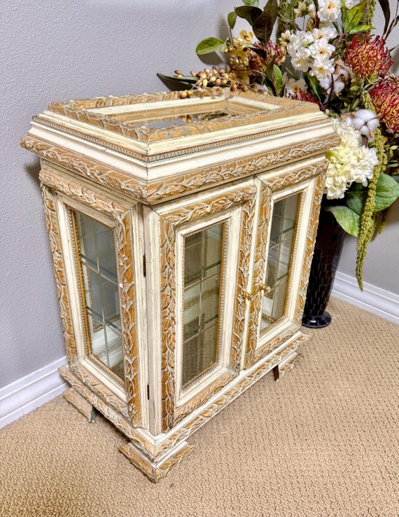 Gilt Wood & Beveled Glass Display Cabinet Vitrine, Mirrored Curio