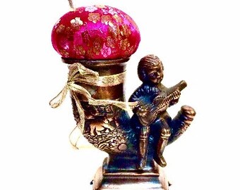 RESERVED for Carolyn: Vintage Copper Figural Upcycled Pincushion Pin Keeper with Hat Pin by Practical Elegance, Edwardian,