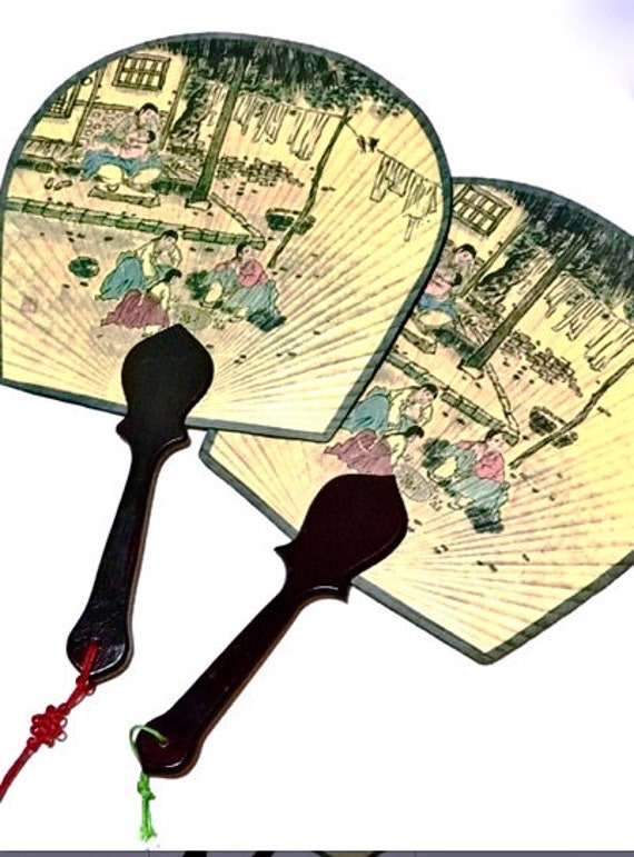 Vintage Japanese Handheld Fan 2pc with Lacquer Woo