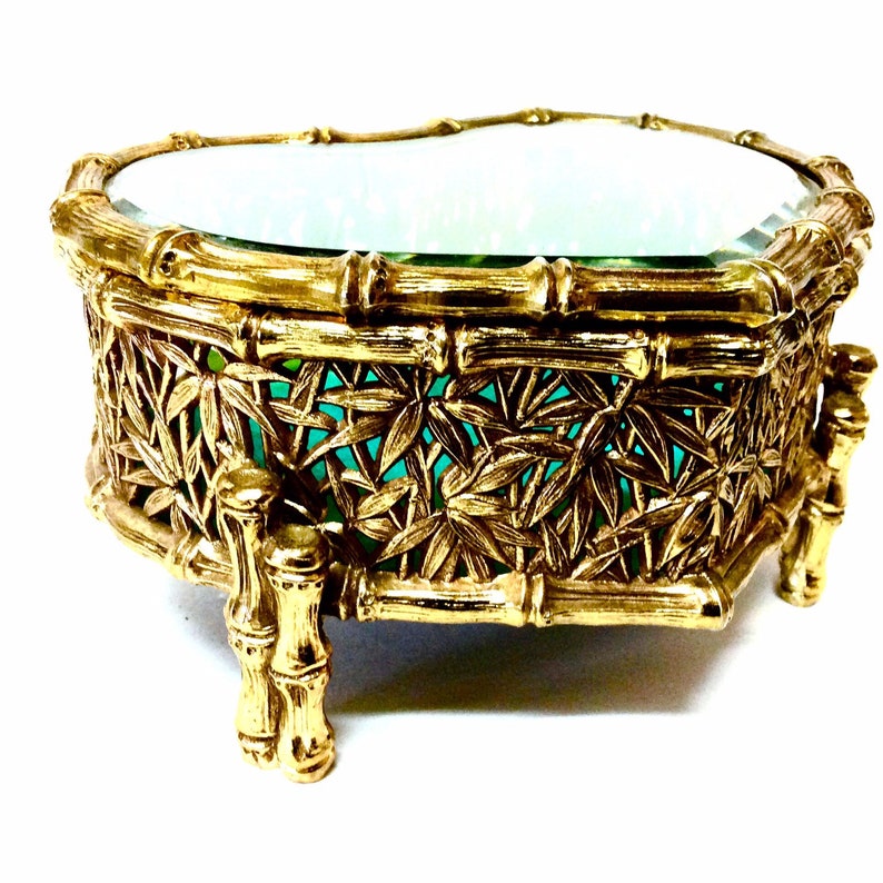 Vintage Ormolu Brass Heart Jewelry Casket with Beveled Glass Hinged Lid In an Ornate Bamboo Design Romantic Gift for Her Feminine and Solid