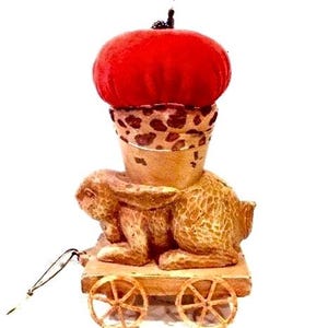 Rabbit Pincushion on Wheels: Up-Cycled Resin Replica, 8 inch Bunny Decor