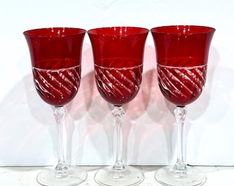 Ruby Red Cut to Clear Wine Glasses - Le Sielle Crystal, Italy, Set of 3