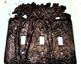 Cast Iron 3-Switch Outlet Cover Plate Rustic Repousse Forest Trees Decorative Metal, Dark Bronze Tone