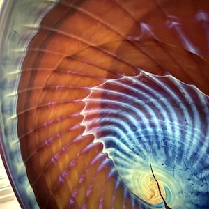 Satin Glass Art Bowl: Blue & Brown Swirl, Seashell Ribbing