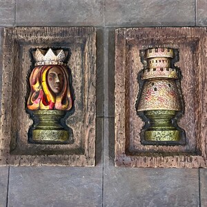 Vintage Chess Queen and Castle Wall Plaques: Mid-Century Medieval Decor