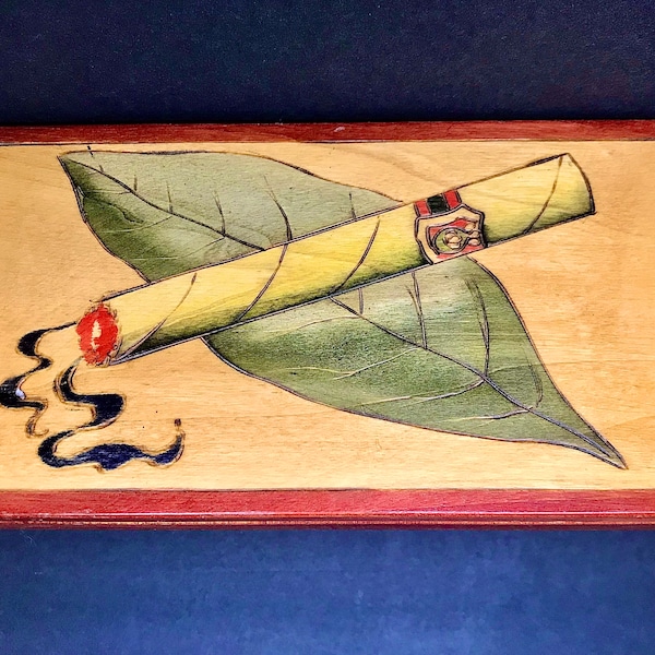 Pyrography Cigar-Theme Pine Box Hand Made with Smoking Cigar Motif, Man Cave or Valet Vanity Catch All Keepsake Box - Man Gift