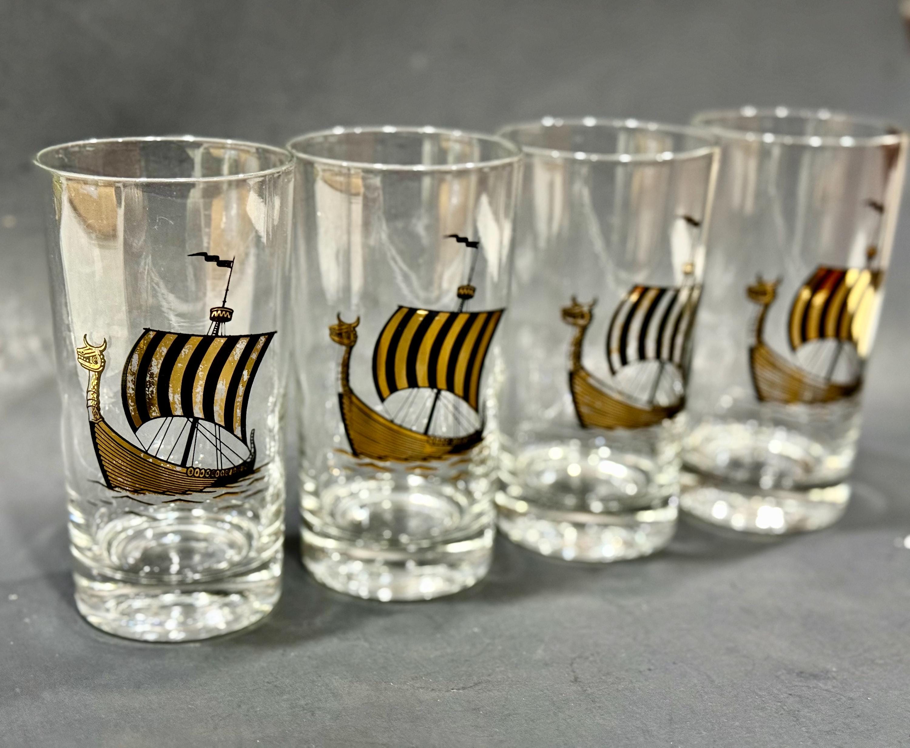 Vintage Viking Ship Juice Glasses: Black & Gold MCM Drinkware, Set of 4