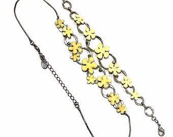 Vintage Dainty Necklace and Bracelet Set by PILGRIM DANISH DESIGN Enameled Yellow Flowers and Rhinestones Jewelry Maker's Stamp