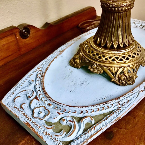 Vintage Shabby Chic Tray 20x10 Carved Wood  in Baby Blue, Distressed For a Sweet Vintage Look, Table Centerpiece, Dresser Tray