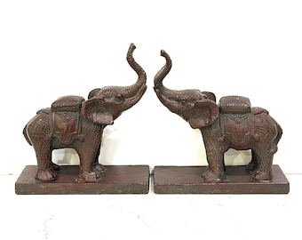 Rare Antique Cast Iron Elephant Bookends Props, Trunks Up, Detailed Features Wt 4.5lbs ea