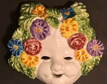 Italian BACCHUS KATIA MASK by Ceramiche Artistiche, Majolica Ceramic Child's Face with Flowers/Leaves, Hand Made Italy