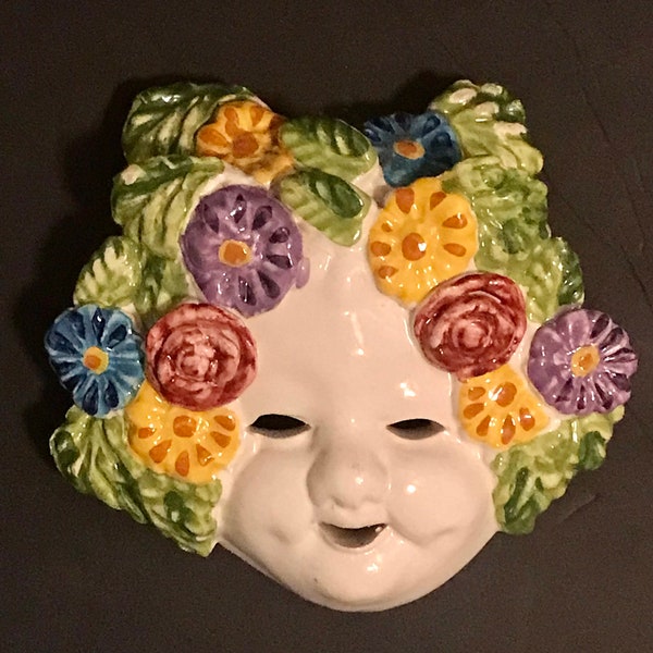 Italian BACCHUS KATIA MASK by Ceramiche Artistiche, Majolica Ceramic Child's Face with Flowers/Leaves, Hand Made Italy