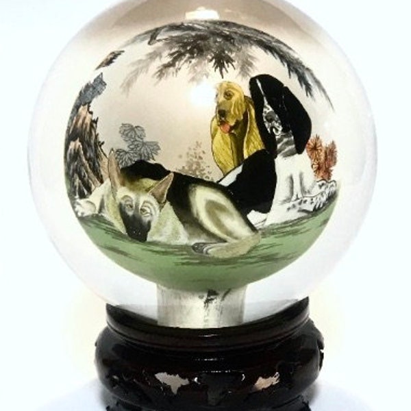 Hand-Painted GLASS GLOBE 4in Under Glass Dogs with Wooden Stand, Detailed Asian Glass Art SIGNED, Loves Dogs Unisex Gift