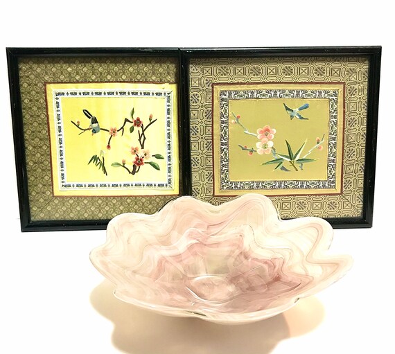 Embroidered silk panel art embroidery Asian-inspired decorative panel birds in a flowering tree