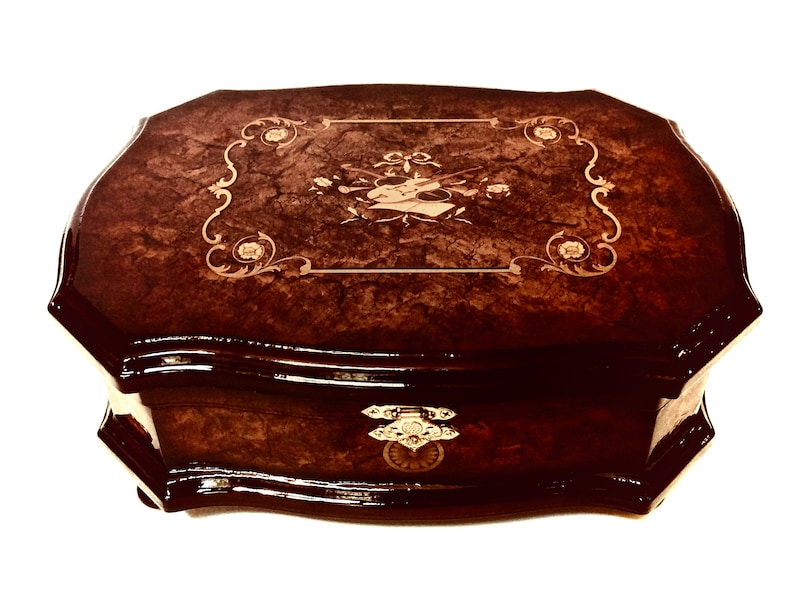 Gift for Her Florentine Jewelry Box Assorted Tea Chest Organizer Vintage Italian Burlwood Jewelry Box with Mirrored Lid