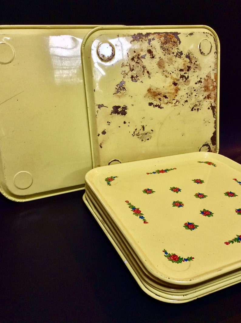 1950s Retro Metal Snack Trays Set of 12 Yellow With Pink Etsy