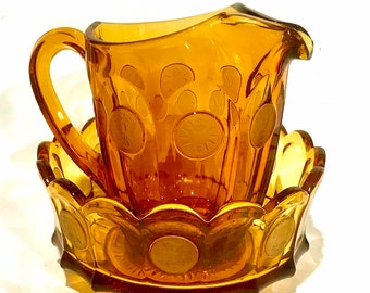 FOSTORIA Amber Coin Glass 2pc Large Bowl and Pitcher Set, Retro Mid Century Glassware