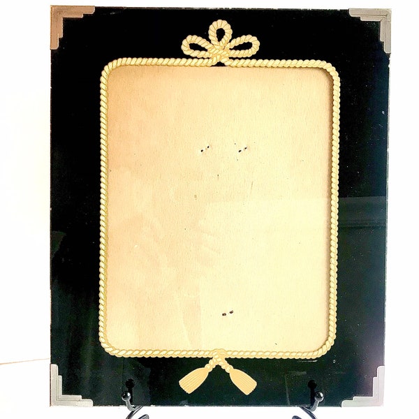 Vintage 8x10 Reverse Paint Glass Frame Under Glass Black Mat with Chrome Corners and Rope Design in Cream and Gold, Yesteryear’s Elegance