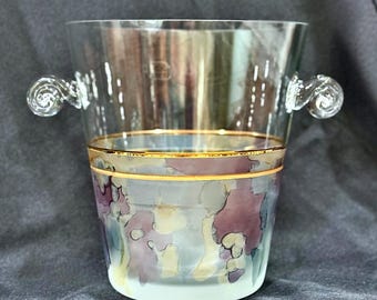 Vintage K&K Styling Champagne Bucket: Gold Rimmed Watercolor Glass Barware