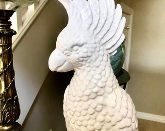 Cockatoo Parrot Porcelain 21 inch Sculpture, Life Sized Figural Unmarked Majolica-Like Mid Century Made in Italy