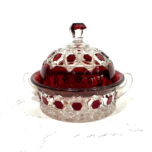 EAPG Covered Cheese Bowl Ruby Red Cut to Clear Block Pattern