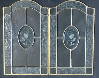 Vintage Leaded Glass Panels, 19x11ea with Etched Rose Cameo, Leaded Glass Panes, Set of 2