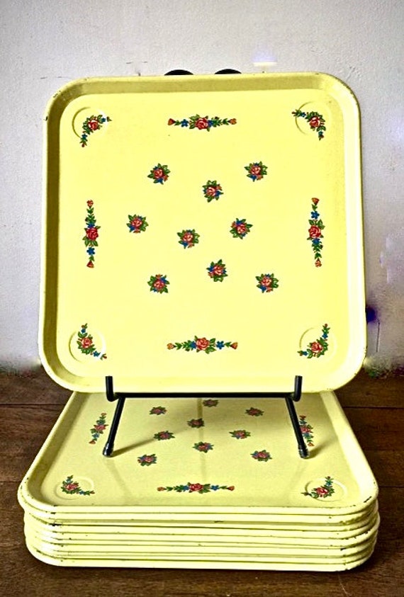 1950s Retro Metal Snack Trays Set of 12 Yellow With Pink Etsy