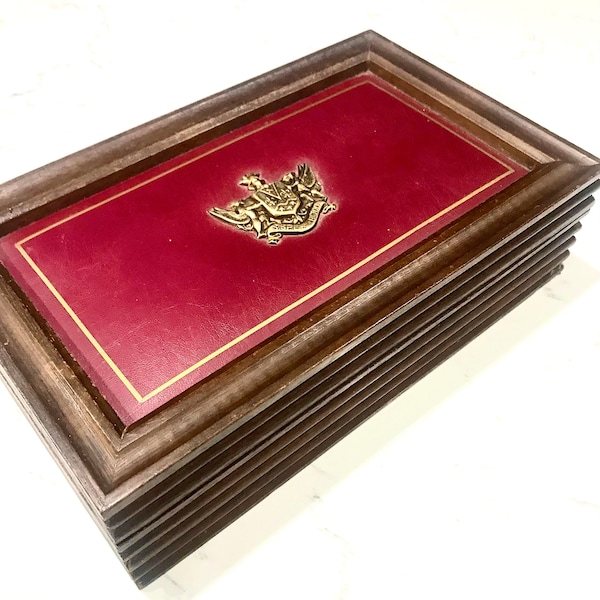 Vintage Men’s Valet/Jewelry Box Mid Century Organizer Burgundy Faux Leather Made in Japan, Red Velvet w Brass Coat of Arms Gift for Him